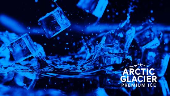 Image of blue ice cubes featuring the Artic Glacier logo