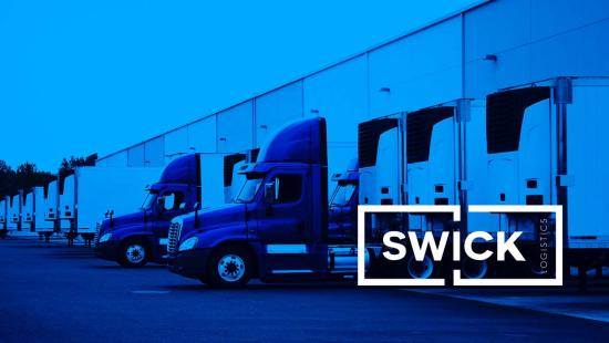 transport truck sitting at a loading doc. The Swick Logistics logo is featured over the truck.