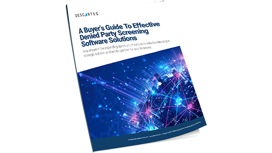 Cover of the Denied Party Screening Buyer's Guide showcasing a global trade network