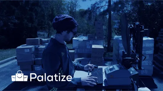 Palatize logo with background of warehouse worker and pallets of freight