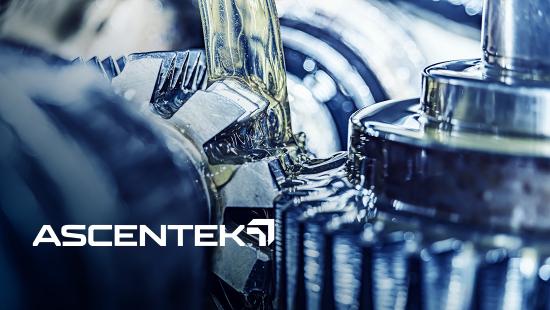An image of gears being lubricated. The Ascentek logo is overlayed on the image