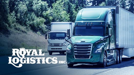 Image of Royal Logistics truck driving down the road, includes logo