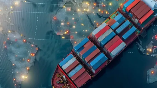 world map with a shipping container and global data points