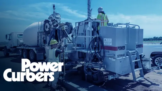 Power Curbers logo with concrete slipform equipment background 