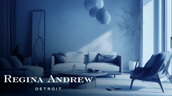 Regina Andrew logo with living room background