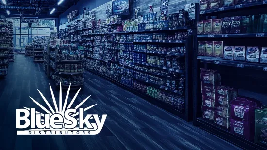 Blue Sky Distributors logo with convenience store background