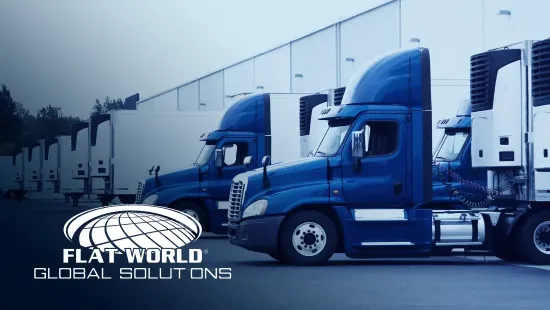 Image of transport trucks backed into a cargo dock. The flat world logo is overlayed in the bottom left.