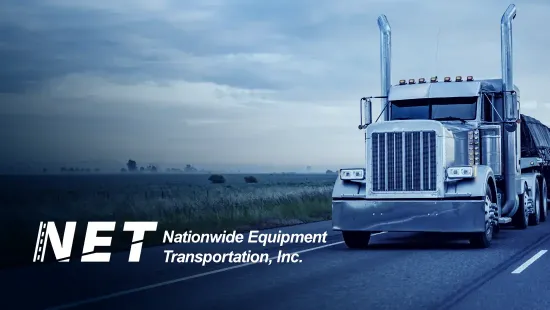 Image of a semi truck driving down the highway. The Nationwide Equipment logo is overlayed in the bottom left.