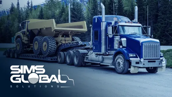 Image of a semi truck hauling construction equipment. The Sims Global logo is overlayed in the bottom left.