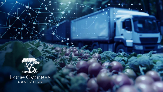 Image of a transport truck hauling fresh produce. The Lone Cypress Logistics logo is overlayed in the bottom left.