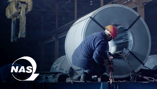Image of a worker inspecting a steel coil. The North American Steel logo is overlayed in the bottom left