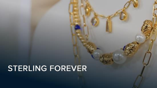 Sterling Forever logo displayed over a close-up image of gold necklaces and pearl jewelry