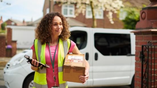 Happy deliver driver carries package