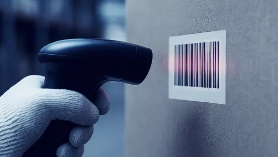 A warehouse worker uses a handheld scanner to scan a barcode
