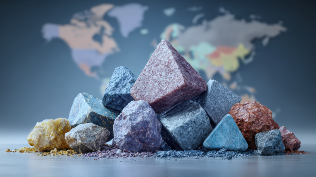 Colorful rocks piled up with the world map in the background 