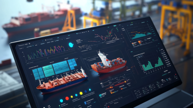 Global trade data software displays shipping data on a monitor, illustrating the depth of Descartes Datamyne