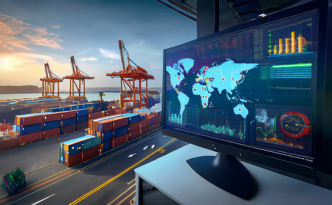 Descartes export automation software on a monitor with a shipping yard in the background yard 