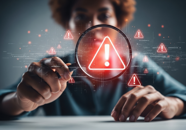 Trade compliance professional holding a magnifying glass with multiple alarm signs around her, depicting the need for robust denied party screening software
