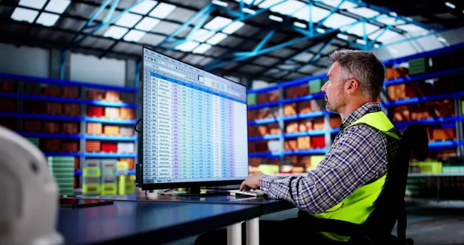 Warehouse worker using a computer with a large spreadsheet for inventory forecasting