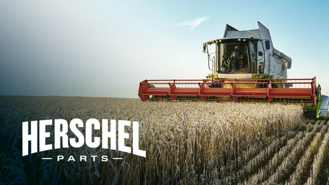 The Herschel Parts logo with a cornfield being harvested by a large combine