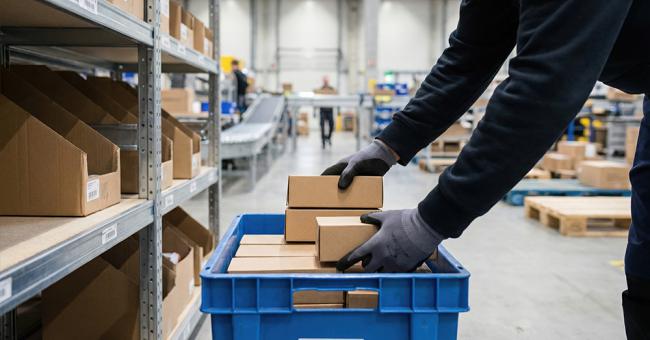 A warehouse worker picks several small order items in a warehouse.
