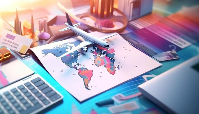 World map, airplane, shipping port depicting elements of global trade 